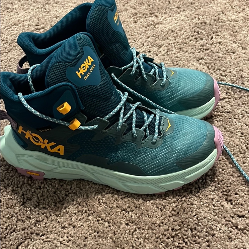 Hoka Teal and Yellow Trail Shoes